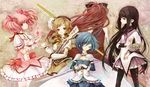  akemi_homura bad_id bad_pixiv_id black_hair blonde_hair blue_hair gun kaname_madoka long_hair magical_girl magical_musket mahou_shoujo_madoka_magica miki_sayaka multiple_girls pantyhose pink_hair poyopuyoo red_hair sakura_kyouko tomoe_mami translated weapon 