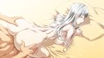  16:9 1girl all_fours ass ass_grab back bed blush breasts censored ebido highres huge_ass large_breasts long_hair looking_back nude open_mouth pillow red_eyes selvaria_bles senjou_no_valkyria senjou_no_valkyria_1 sex vaginal white_hair 
