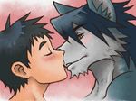  blush canine couple dog eyes_closed fur gay grey_fur hiroyuki human husky interspecies kissing kouya_aotsuki love male mammal morenatsu shirako side_view 
