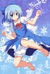  barefoot bloomers blue_background blue_eyes blue_hair bow cirno dress flying gradient gradient_background hair_bow highres leg_up looking_at_viewer puffy_short_sleeves puffy_sleeves ribbon short_hair short_sleeves smile snowflakes solo takojiru touhou underwear wings 