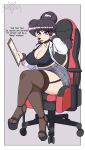 absurd_res alys_faiblesse_(zelripheth) anthro arm_tuft big_breasts big_butt black_eyeshadow black_hair bottomwear breasts butt canid canine canis choker cleavage clothed clothing collar domestic_dog eyebrow_piercing eyeshadow facial_piercing fangs female floppy_ears gaming_chair garter_straps hair hi_res jewelry looking_at_viewer makeup mammal medical_instrument miniskirt necklace piercing poodle purple_eyes scientific_instrument simple_background skirt solo standard_poodle stethoscope tail tail_tuft talking_to_viewer teeth tuft wide_hips wrist_tuft zelripheth