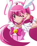  bow choker cure_happy hair_ornament head_wings hoshizora_miyuki long_hair looking_at_viewer magical_girl nanashishi pink pink_bow pink_choker pink_eyes pink_hair precure simple_background smile smile_precure! solo tiara twintails v white_background 