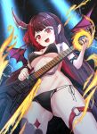  1girl :d absurdres ass_visible_through_thighs bikini black_bikini blush breasts brown_hair character_request commentary_request duel_masters electric_guitar fire from_below gibson_flying_v grey_thighhighs groin guitar highres holding holding_instrument horns instrument looking_at_viewer looking_back medium_breasts multicolored_hair navel purple_wings pyrokinesis red_eyes red_hair rumiya9i side-tie_bikini_bottom single_horn single_thighhigh smile solo standing streaked_hair swimsuit thighhighs two-tone_hair wings 