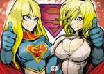  2girls armor bangs blonde_hair blue_eyes blue_gloves breasts cape cleavage cleavage_cutout crop_top dated dc_comics elbow_gloves gloves grin impossible_clothes jinbei large_breasts leotard light_smile locked_arms long_hair looking_at_viewer midriff multiple_girls one_eye_closed outline pauldrons power_girl red_cape short_hair signature sketch skin_tight smile supergirl superhero superman_(series) swept_bangs symmetry taut_clothes thumbs_up turtleneck upper_body zipper 