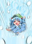  absurdres aqua_hair blush boots closed_eyes foreshortening from_above hair_bobbles hair_ornament hat head_tilt highres kawashiro_nitori key open_hand open_mouth outstretched_arms rain ripples rubber_boots shinapuu short_hair skirt skirt_set solo splashing spread_arms strap touhou two_side_up walking 