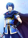  9tt6 blue_eyes blue_hair cape falchion_(fire_emblem) fingerless_gloves fire_emblem fire_emblem:_monshou_no_nazo gloves headband male_focus marth sheath solo tiara 