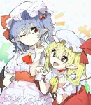  2girls absurdres ascot bat_wings blonde_hair blue_hair bow crystal crystal_wings fang flandre_scarlet hair_between_eyes hand_up hat hat_ribbon highres kuromaru_ira low_wings mob_cap multiple_girls one_eye_closed open_mouth pointy_ears puffy_short_sleeves puffy_sleeves red_ascot red_eyes red_vest remilia_scarlet ribbon shirt short_hair short_sleeves side_ponytail smile touhou vest wings wrist_cuffs yellow_ascot 