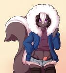  black_hair caninelove clothed clothing erection fluffy_tail fur girly grey_fur hair humanoid_penis jacket legwear looking_at_viewer male mammal navel penis pink_nose poking_out purple_eyes short_hair shorts skunk smile solo standing stockings white_fur white_hair 