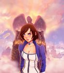  angel bioshock bioshock_infinite blue_eyes breasts brown_hair choker cleavage cloud coreymill dress elizabeth_(bioshock_infinite) frown highres lips medium_breasts short_hair solo statue sunset 