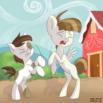  brown_hair cloud door duo equine eyes_closed featherweight_(mlp) feral fight friendship_is_magic grass hair hill horse house male mammal my_little_pony outside pegasus pipsqueak_(mlp) pony postscripting sky two_tone_hair wings 