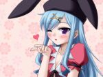  blowing_kiss blue_hair blush breasts cleavage emil_chronicle_online hair_ornament hairclip jacket long_hair medium_breasts purple_eyes rabbit_ear_headwear red_jacket renet_(eco) takanashi_tsukasa upper_body 