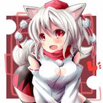  animal_ears bare_shoulders black_legwear blush breasts cleavage cleavage_cutout detached_sleeves fang hat inubashiri_momiji kuromu_(underporno) large_breasts open_mouth pom_pom_(clothes) red_eyes scarf short_hair silver_hair skirt smile solo tail thighhighs tokin_hat touhou wolf_ears wolf_tail 