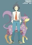  ahoge bad_id bad_pixiv_id black_hair blue_eyes character_name cheren_(pokemon) cyrillic dress_shirt gen_5_pokemon hands_in_pockets highres liepard necktie pokemon pokemon_(creature) pokemon_(game) pokemon_bw2 shirt souji 