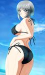  ass bikini black_bikini blue_eyes blush breasts cloud covered_nipples day hand_on_hip large_breasts looking_back ocean shinjou_serika shopyun short_hair side-tie_bikini sideboob silver_hair sky solo swimsuit tokimeki_memorial tokimeki_memorial_3 underboob water wet 