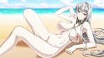  16:9 1girl areolae beach blush breasts censored ebido erect_nipples highres huge_breasts long_hair looking_at_viewer lying nipples nude ocean red_eyes sand selvaria_bles senjou_no_valkyria senjou_no_valkyria_1 sky solo water white_hair 