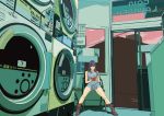  1girl bangs bare_legs bare_shoulders blue_hair boots breasts building chair commentary dress dusk earbuds earbuds_around_neck earphones english_commentary green_eyes highres holding holding_phone indoors laundromat long_hair medium_breasts open_door original phone reclining solo swept_bangs tanaka_hirotaka urban 