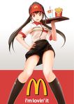  black_hair clothes_writing food french_fries hand_on_hip irohatori kneehighs looking_at_viewer mcdonald's open_mouth red_eyes shirt solo t-shirt tray visor_cap 