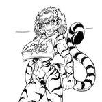  big_breasts black_and_whie breasts clothed clothing crystal feline female ken_sample looking_at_vewer looking_at_viewer mammal muscles muscular_female necklace shirt skimpy solo stripes thong tiger top under_boob 