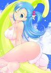  ass barefoot bikini blue_eyes blue_hair blush breasts bulma cleavage cloud day dragon_ball dragon_ball_(classic) fat_mons grin hair_bobbles hair_ornament innertube katori_(mocchidou) large_breasts long_hair looking_at_viewer looking_back mouth_hold ocean one_eye_closed see-through shiny shiny_skin sideboob skindentation smile soles solo swimsuit water white_bikini 