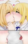  2girls absurdres ahoge arcueid_brunestud artoria_pendragon_(fate) blonde_hair blush breasts closed_eyes fate/stay_night fate_(series) food french_kiss green_eyes hair_ribbon hand_on_another&#039;s_face heart highres huge_breasts in-franchise_crossover kiss looking_at_another multiple_girls profile ribbon saber_(fate) saliva saliva_trail shirt short_hair sugoiiii sweatdrop sweater tongue tongue_out tsukihime turtleneck turtleneck_sweater white_shirt yuri 