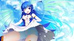 absurdres blue_eyes blue_hair breasts dragon_girl dragon_tail dragon_wings dress gem gloves highres leviathan_(zettai_bouei_leviathan) medium_breasts midriff monster_girl pointy_ears scales skirt skirt_lift solo tail urepito_honke wings zettai_bouei_leviathan 