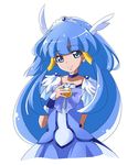  aoki_reika blue blue_eyes blue_hair blue_skirt bow bowtie brooch cure_beauty earrings hair_tubes head_wings highres jewelry long_hair looking_at_viewer magical_girl nanashishi precure sidelocks simple_background skirt smile_precure! solo tiara white_background 