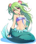  ;) arm_support bandeau bangs blush closed_mouth front-tie_top full_body green_hair hair_between_eyes hair_ornament heart jewelry long_hair mermaid michairu midriff monster_girl muromi-san namiuchigiwa_no_muromi-san navel necklace one_eye_closed red_eyes scales seashell shell shell_hair_ornament simple_background sitting smile solo twintails two_side_up white_background 