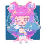  1girl :d aqua_nails bare_shoulders beads blue_background blue_hair blue_sandals blue_skirt blue_tube_top blush_stickers border brooch chibi chibi_only circlet clothing_cutout commentary cure_la_mer detached_collar detached_sleeves doily double_bun eyelash_ornament eyelashes fingernails full_body gradient_hair hair_beads hair_bun hair_intakes hair_ornament hand_up heart heart_in_eye high_heel_sandals high_heels highres jewelry knees_together_feet_apart lace_background laura_la_mer layered_skirt leggings long_hair long_sleeves looking_at_viewer magical_girl midriff multicolored_hair multicolored_skirt nail_polish navel open_mouth otannu_(bkdenta) outside_border pact_holder pink_eyes pink_hair pink_nails pink_skirt pouch precure puffy_detached_sleeves puffy_sleeves sandals skirt smile solo sphere_hair_ornament standing strapless symbol_in_eye thick_eyebrows toenail_polish toenails toes train_(clothing) tropical-rouge!_precure tube_top two-tone_hair two-tone_skirt two-tone_tube_top very_long_hair white_border white_leggings white_sleeves 