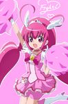  :d bike_shorts boots bow cheering choker cure_happy earrings hair_ornament head_wings hoshizora_miyuki jewelry knee_boots long_hair looking_at_viewer magical_girl nanashishi open_mouth pink pink_background pink_bow pink_choker pink_eyes pink_hair pink_shorts pink_skirt pom_poms precure shorts shorts_under_skirt simple_background skirt smile smile_precure! solo tiara twintails 