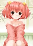  akou_roushi alternate_costume bare_shoulders bell blush collarbone hair_bell hair_ornament jingle_bell looking_at_viewer motoori_kosuzu naked_sweater off-shoulder_sweater red_eyes red_hair ribbed_sweater short_hair sleeves_past_wrists smile solo sweater touhou two_side_up v_arms 