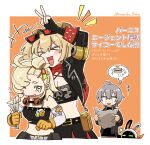  &gt;_&lt; 1boy 2girls bangboo_(zenless_zone_zero) black_gloves black_jacket black_skirt black_tube_top blonde_hair burnice_white closed_eyes commentary_request crop_top detached_sleeves eous_(zenless_zone_zero) eyewear_on_head fingerless_gloves gloves goggles goggles_around_neck green_eyes highres jacket long_hair multiple_girls open_mouth orange_background paper piper_wheel popochi_fuwa red-tinted_eyewear skirt strapless sunglasses tears tinted_eyewear tube_top twintails upper_body wise_(zenless_zone_zero) yellow_gloves zenless_zone_zero 