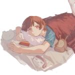  1girl absurdres aijou_karen arms_up baseball_helmet bed_sheet brown_hair cellphone cepu_v4 character_doll clenched_hand doll foot_out_of_frame head_on_pillow helmet highres leg_up looking_at_viewer lying on_bed on_stomach parted_lips phone pillow red_eyes short_hair short_sleeves shoujo_kageki_revue_starlight simple_background smartphone solo stuffed_animal stuffed_cat stuffed_crab stuffed_toy teddy_bear under_covers white_background 