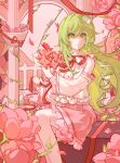  1girl absurdres alternate_color bare_shoulders bouquet chiiwan collar commentary_request detached_sleeves feet_out_of_frame flower frilled_collar frilled_skirt frilled_sleeves frills frog_hair_ornament green_eyes green_hair hair_ornament highres holding holding_bouquet knees kochiya_sanae long_hair peony_(flower) pink_skirt plant red_flower red_ribbon ribbon shirt sitting skirt smile snake_hair_ornament solo stone_pillar touhou vines white_shirt 