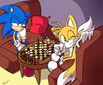  anthro blue_eyes blue_fur canine chess fox gloves green_eyes hand_on_face hedgehog miles_prower multiple_tails one_eye_closed sega shoes smile sonic_(series) sonic_the_hedgehog yellow_fur 