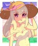  1girl absurdres bare_shoulders blush breasts closed_mouth collarbone dress fire_emblem fire_emblem:_three_houses hat highres hoshinokotta long_hair looking_at_viewer lysithea_von_ordelia ocean outdoors pink_eyes sky small_breasts smile solo sun_hat sundress tongue tongue_out upper_body water white_dress white_hair 