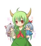  :&lt; ahoge blue_hair bow ex-keine flower fujiwara_no_mokou green_hair hair_bow hand_puppet hat hat_ribbon horns kamishirasawa_keine lavender_hair long_hair looking_at_viewer puppet red_eyes ribbon simple_background solo takojiru touhou very_long_hair white_background 