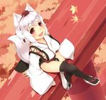  1girl :d animal_ears autumn_leaves black_legwear blush breasts crossed_legs dutch_angle fang hat inubashiri_momiji kourindou_tengu_costume large_breasts leaf looking_at_viewer looking_up maple_leaf open_mouth red_eyes sandals short_hair sitting smile solo tail thighhighs tokin_hat torii touhou white_hair wolf_ears wolf_tail 