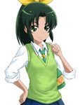  bag diamond_(shape) green_eyes green_hair green_neckwear midorikawa_nao nanairogaoka_middle_school_uniform nanashishi necktie open_mouth ponytail precure school_uniform skirt sleeves_rolled_up smile smile_precure! solo sweatdrop sweater_vest 