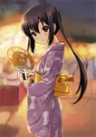  black_hair brown_eyes fan japanese_clothes k-on! kimono long_hair nakano_azusa paper_fan ryunnu solo twintails uchiwa yukata 