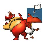 absurd_res anal anal_vore anthro anus avian balls big_butt bird bottomless butt cartoon_network chicken chicken_(cow_and_chicken) clothed clothing cow_and_chicken demon demon_humanoid duo feathers galliform gallus_(genus) genitals hi_res horn huge_butt humanoid joesanchez looking_at_another looking_back looking_back_at_another male phasianid raised_tail red_body smile spade_tail surrendering tail the_red_guy vore white_body white_feathers white_flag