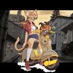  animal_ears blue_eyes blush boots breasts cat_ears ears embarrassed furry gammatelier glasses green_eyes ground_vehicle horns large_breasts motor_vehicle motorcycle multiple_girls nipples objectification orange_hair original panties tail transformation uncensored underwear what white_panties 