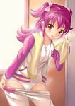  aikatsu! aikatsu!_(series) bent_over blush bow gym_shirt hair_bow hot jacket long_hair looking_at_viewer minowa_hikari open_clothes open_jacket open_mouth panties pants pants_pull pink_eyes pink_hair pulled_by_self shirt solo steam sweat tamago_kago towel track_jacket track_pants two_side_up underwear undressing white_panties zipper 