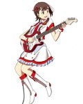  amami_haruka boots brown_hair cable cropped_jacket cross-laced_footwear green_eyes guitar hair_ribbon idolmaster idolmaster_(classic) idolmaster_shiny_festa instrument jumping knee_boots necktie ribbon short_hair solo stratocaster teru_(grafroller) wrist_cuffs 