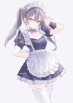  1girl apron black_dress black_hair black_wrist_cuffs blue_bow blush bow breasts choker closed_mouth dress frilled_choker frills hondahiro long_hair looking_at_viewer maid maid_apron maid_headdress original puffy_short_sleeves puffy_sleeves purple_eyes short_sleeves simple_background small_breasts smile solo thighhighs twintails white_apron white_headdress white_thighhighs wrist_cuffs 