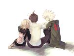  2boys backpack bag black_legwear brown_hair danganronpa flipped_hair highres hinata_hajime hood hoodie image_sample komaeda_nagito long_hair md5_mismatch multiple_boys nanami_chiaki nuda pink_hair pixiv_sample school_uniform short_hair sitting skirt super_danganronpa_2 thighhighs white_hair 