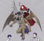 armor black_hair bow chaldea_logo chaldea_uniform closed_eyes fate/grand_order fate_(series) fujimaru_ritsuka_(male) full_armor gargoyle gauntlets jest_ht90 lancelot_(fate/grand_order) long_hair purple_hair red_eyes red_hair short_hair tristan_(fate) watermark wings 