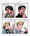  !? 1girl 2boys ascot avengers_(series) bandaid bandaid_on_face bandaid_on_nose black_bodysuit black_hair blonde_hair blue_eyes blue_shirt blush bodysuit border brown_jacket buttons captain_marvel carol_danvers cellphone closed_mouth collarbone collared_shirt crossed_arms cup english_text facial_hair fingernails hand_on_own_chin hand_up highres holding holding_cup holding_paper holding_phone jacket looking_at_animal looking_at_another looking_at_object looking_at_viewer marvel multiple_boys multiple_views open_mouth paper phone red_bodysuit shirt short_hair simple_background smartphone smile speech_bubble star_(symbol) star_print steve_rogers superhero_costume t-shirt talking_on_phone tony_stark two-tone_bodysuit upper_body very_short_hair weibo_7899261198 white_ascot white_background white_border white_shirt 