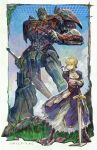  1boy 1girl absurdres ahoge armor artoria_pendragon_(fate) blonde_hair blue_dress blue_eyes breastplate crossover dress english_commentary excalibur_(fate/stay_night) fate/stay_night fate_(series) gauntlets highres holding holding_sword holding_weapon looking_at_another optimus_prime parted_lips robot saber_(fate) short_hair standing subakeye sword transformers weapon 