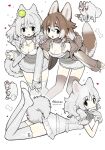  2girls animal_ears ball bone_in_mouth bone_necklace breasts brown_hair cleavage collarbone dog dog_ears dog_girl dog_tail gloves grey_eyes grey_gloves grey_hair grey_thighhighs heart highres large_breasts long_sleeves looking_at_viewer medium_hair multicolored_hair multiple_girls open_mouth original simple_background tail taonoinu tennis_ball thighhighs two-tone_hair v white_background white_hair 