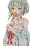  breasts covering_mouth flower green_eyes green_hair gumi hair_flower hair_ornament hiro_(hirohiro31) holding holding_flower medium_breasts short_hair simple_background smelling_flower solo vocaloid white_background 
